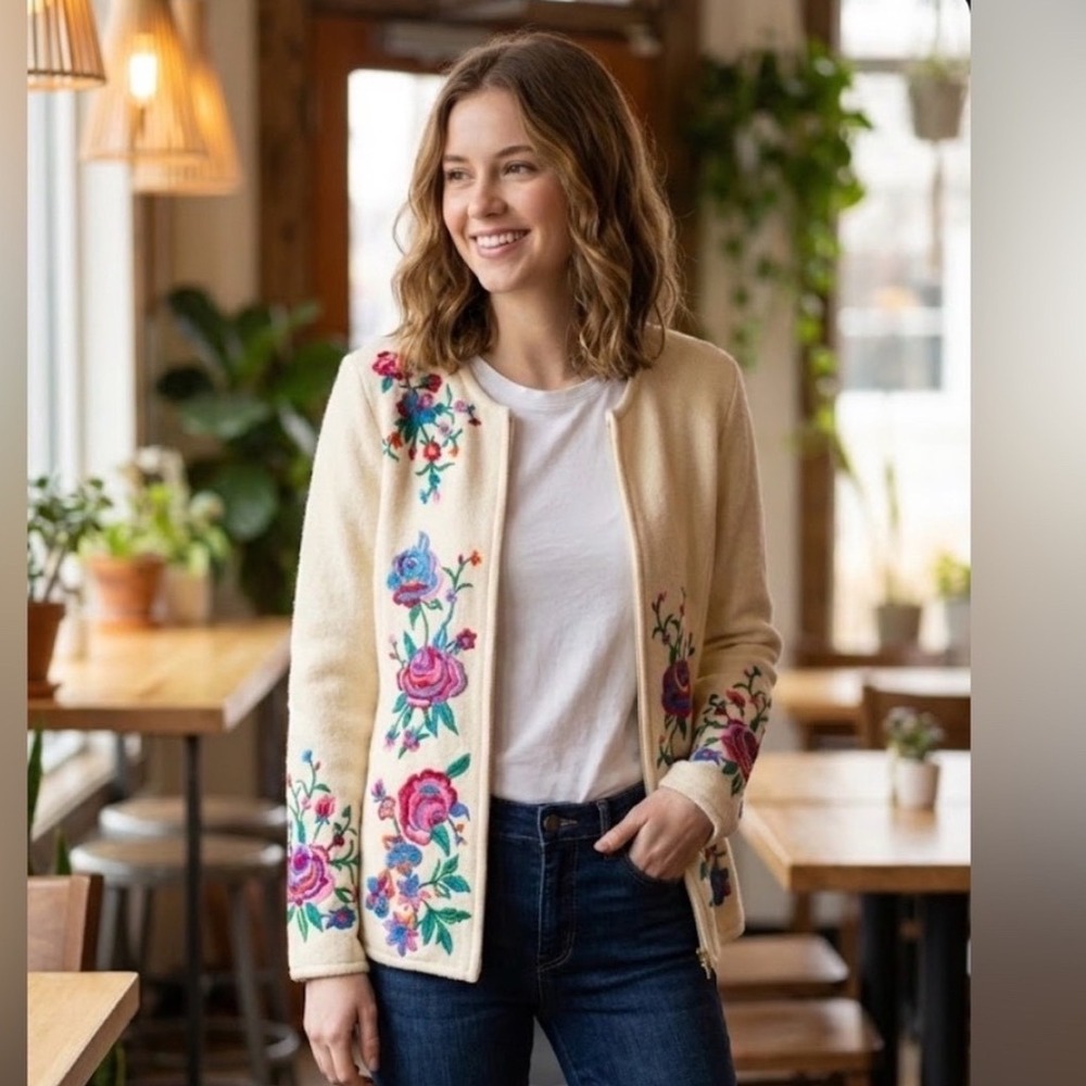 Linea Louis Dell'Olio Cream Wool Blend Floral Embroidered Zip Front Jacket M NEW